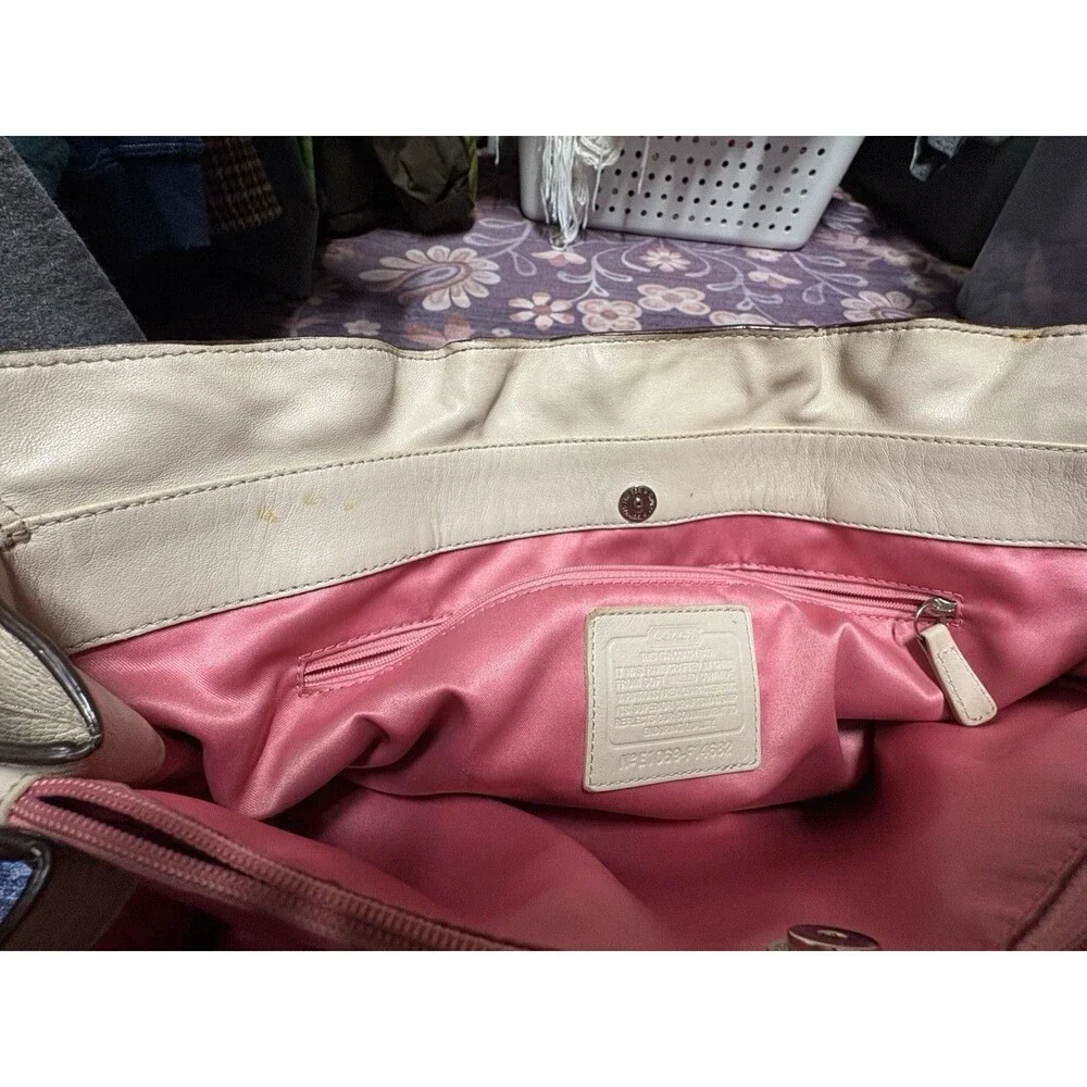 Coach Beige Pebbled Satchel Large Double Handles Silver Hardware Pink Lining
